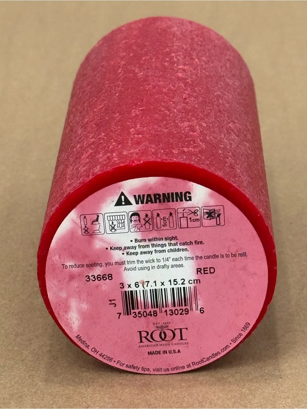 Root Timberline Red Pillar Candle 3x6 Unscented Beeswax Clean Burning USA Rustic